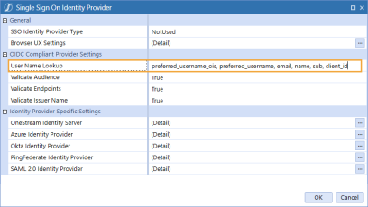 The Single Sign On Identity Provider dialog box has a grid with row headings that have a blue background with blue text and can be expanded to display fields with a white background and black text. In this example, in the OIDC Compliant Provider Settings section, User Name Lookup is highlighted to show that client_id has been added.